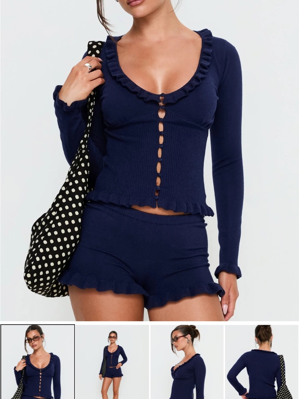 Ceria Frill Knit Long Sleeve Top and ruffle shorts